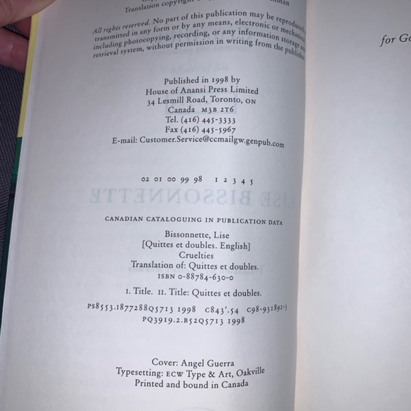 Short stories by Lise Bissonnette, Cruelties, 1998, softcover - Picture 3 of 4